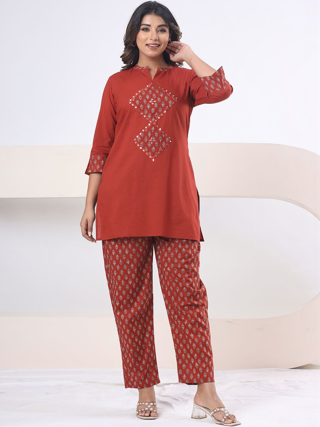 VEDANA Indie Florals Cotton Embroidered Top with Trousers