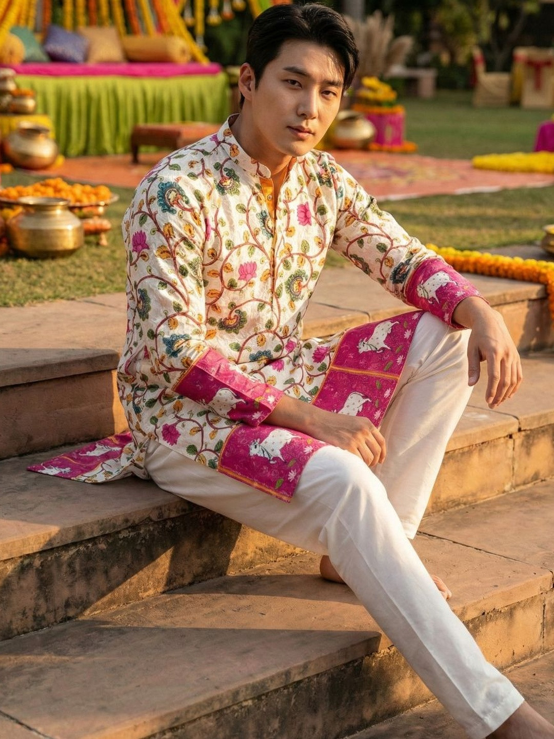 KASMEN CO. Men Ethnic Motifs Embroidered Mandarin Collar Zari Kurta