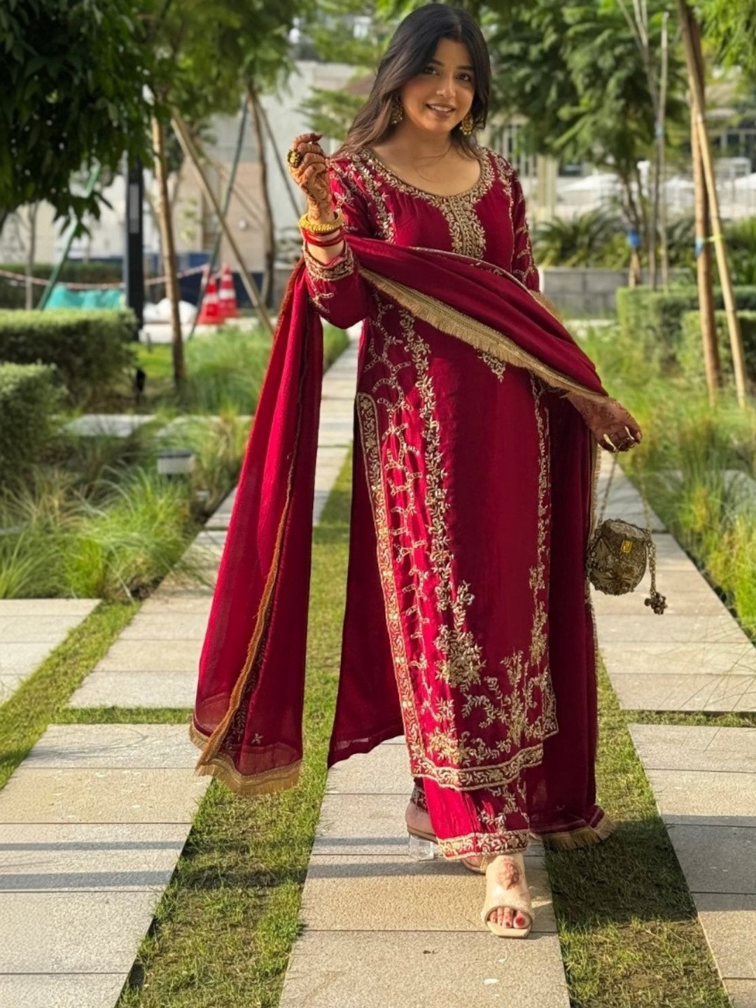 Laxmichhaya Women Round Neck Ethnic Motifs Heavy Embroidered Kurta with Trouser & Dupatta