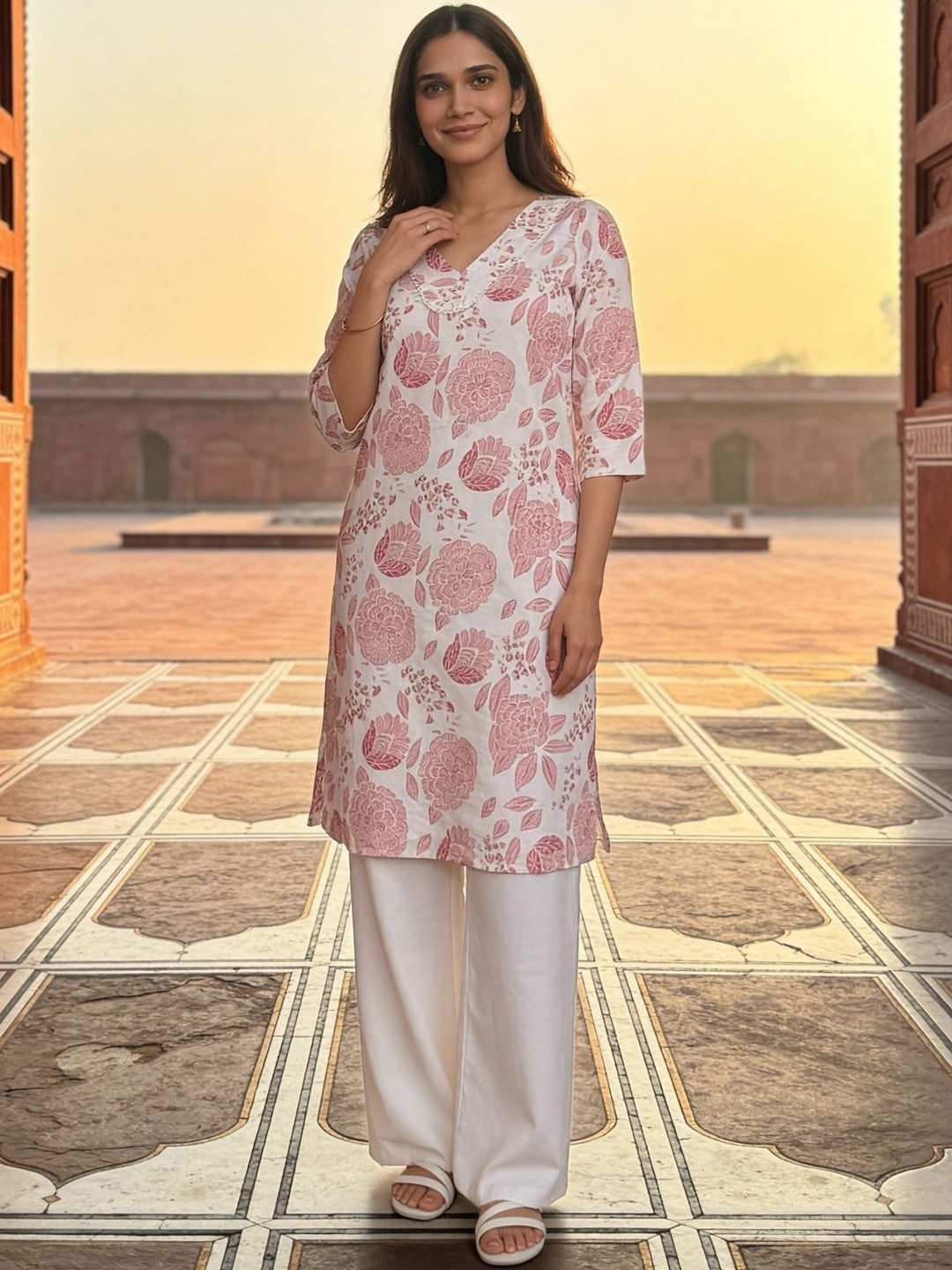 Rangita Women Pink Rayon Printed Straight Knee Length Kurta