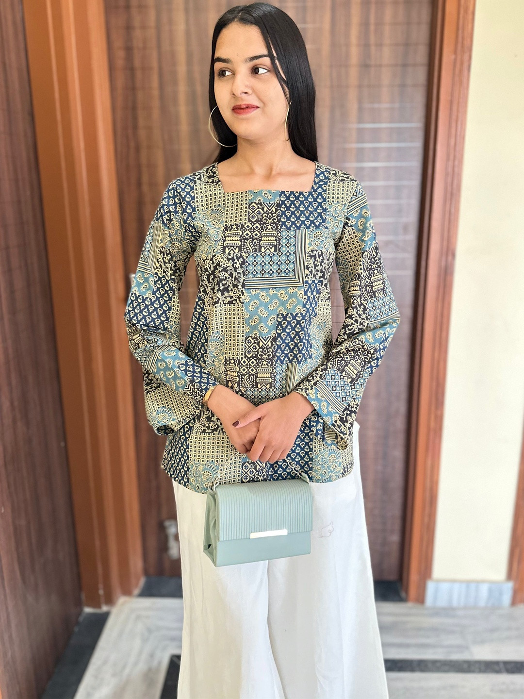Deeps Fashion Ethnic Motifs Printed Square Neck Flared Sleeves Pure Cotton Blend Kurti