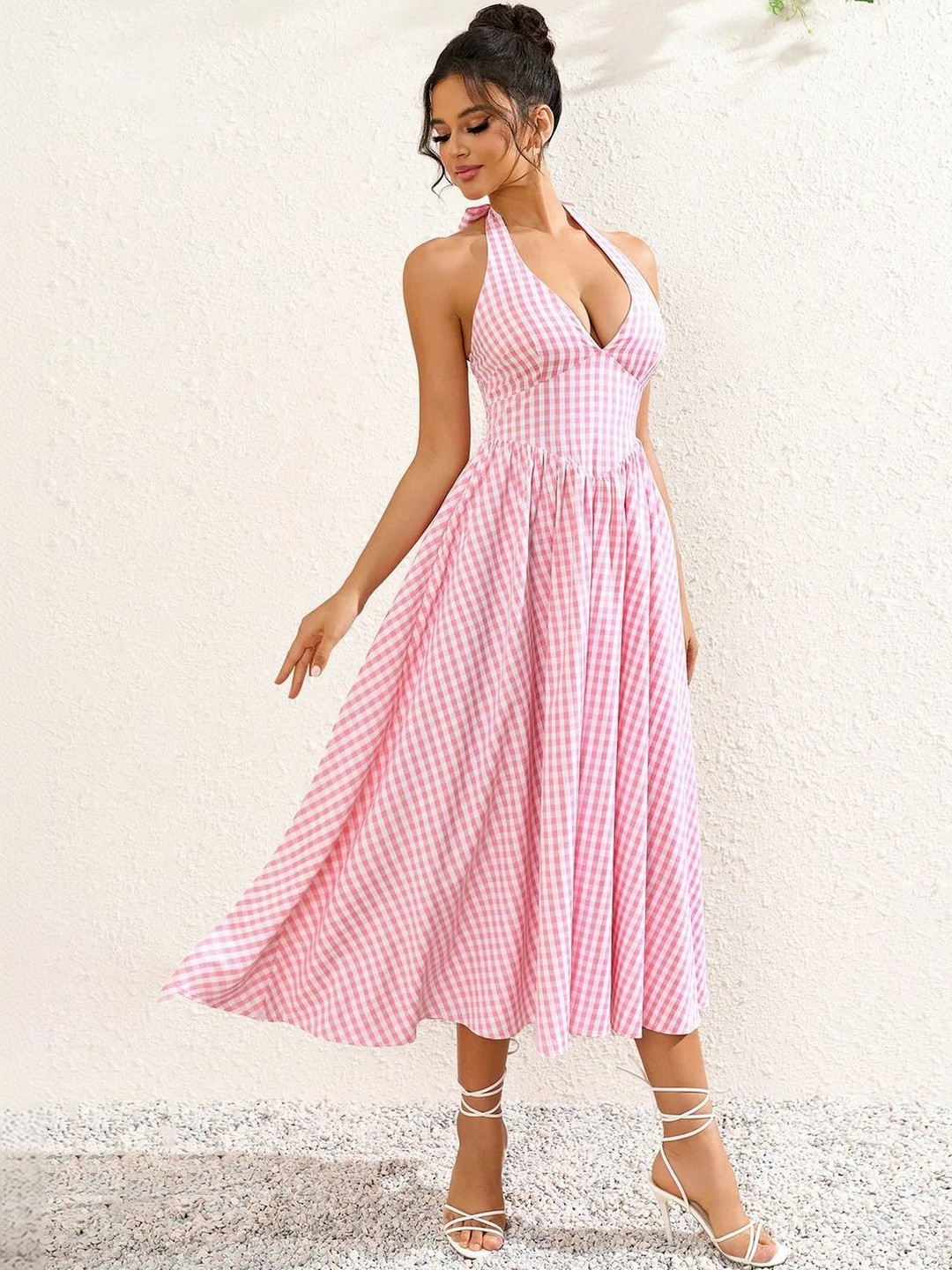 ELIINDRA Women Pink Checked Halter Neck Fit and Flare Midi Dress