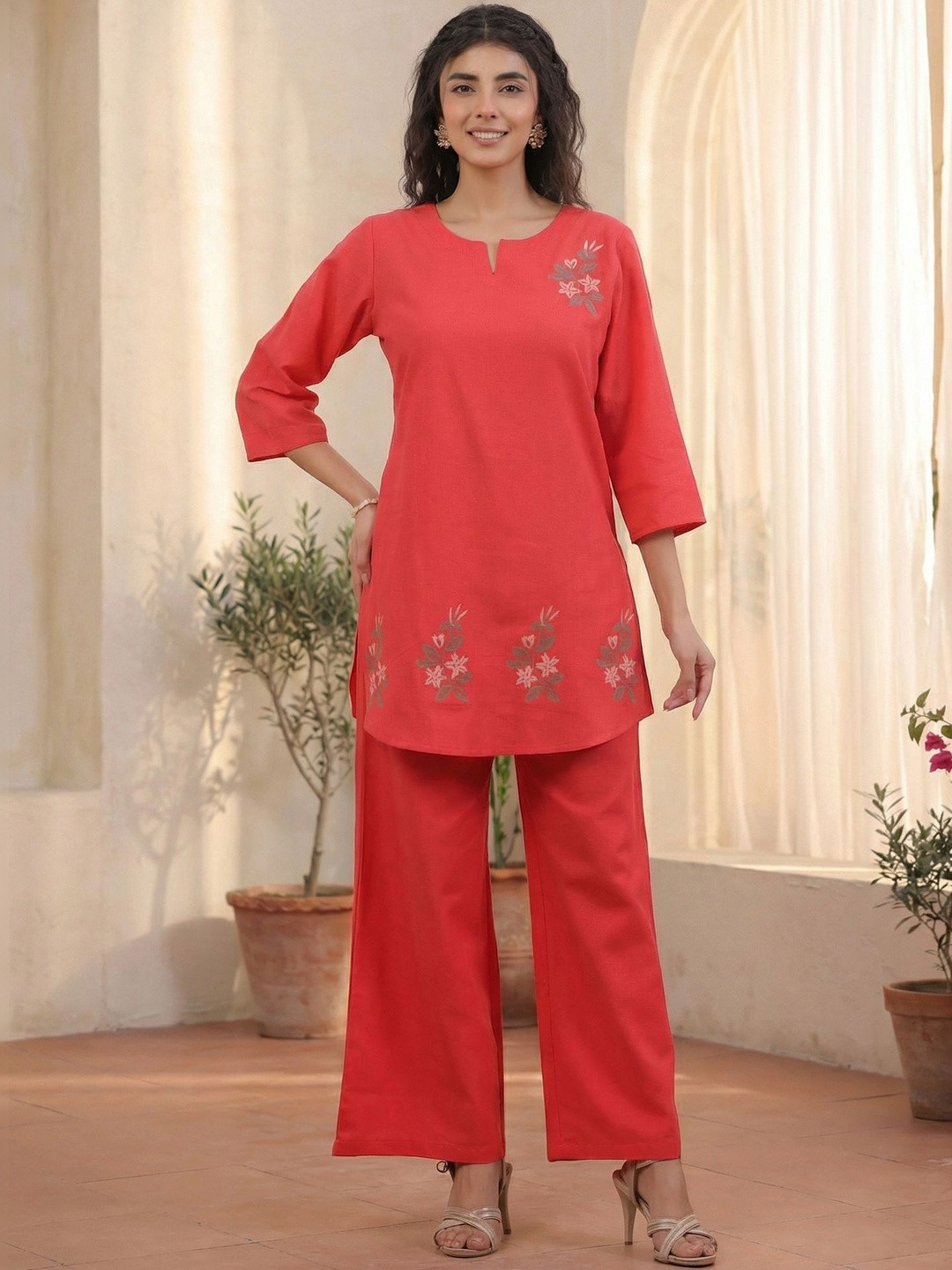 JISORA Cotton Embroidered Top with Palazzos