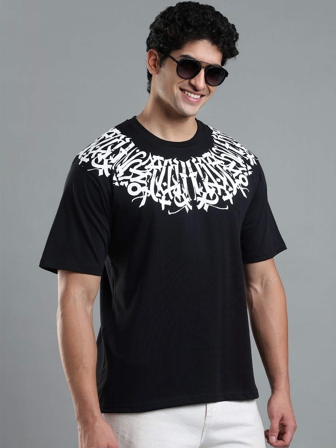 LEWEL Men Typography Printed Round Neck Cotton Oversized T-shirt