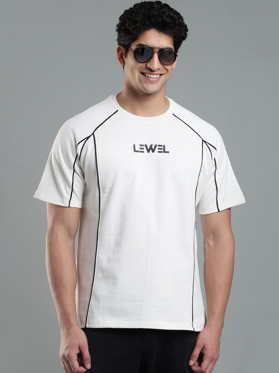 LEWEL Men Striped Round Neck Cotton Oversized T-shirt