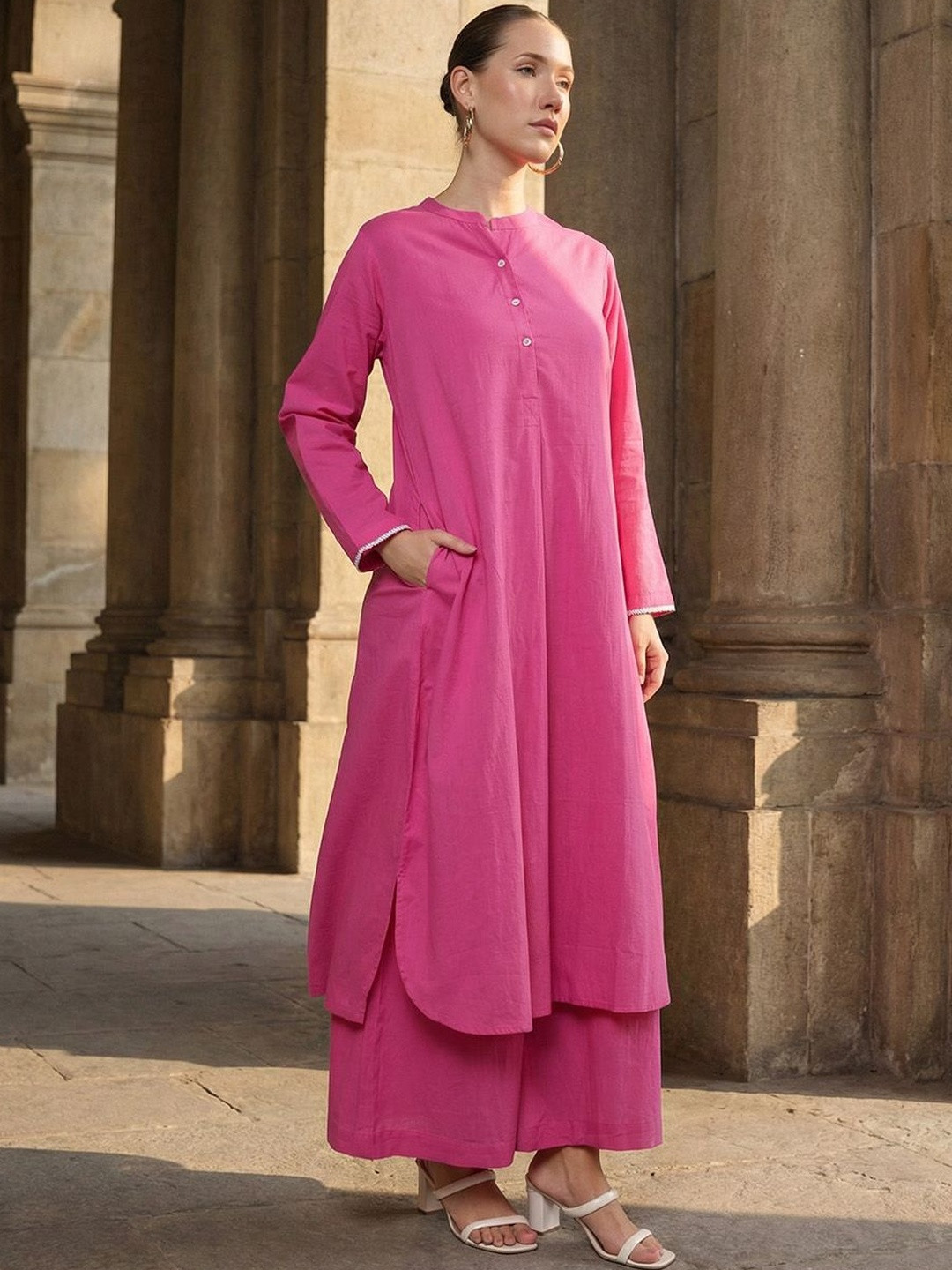 Ishin Women Ethnic Motifs Embroidered Regular Thread Work Pure Cotton Kurta with Palazzos