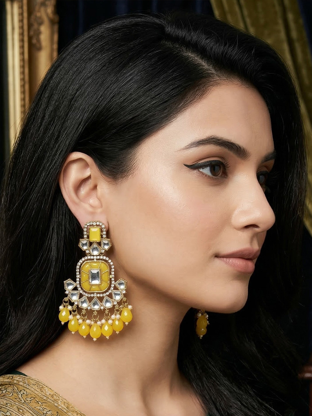 MEIRA JEWELLERY Gold Plated Artificial Stone Studded & Beaded Drop Earrings