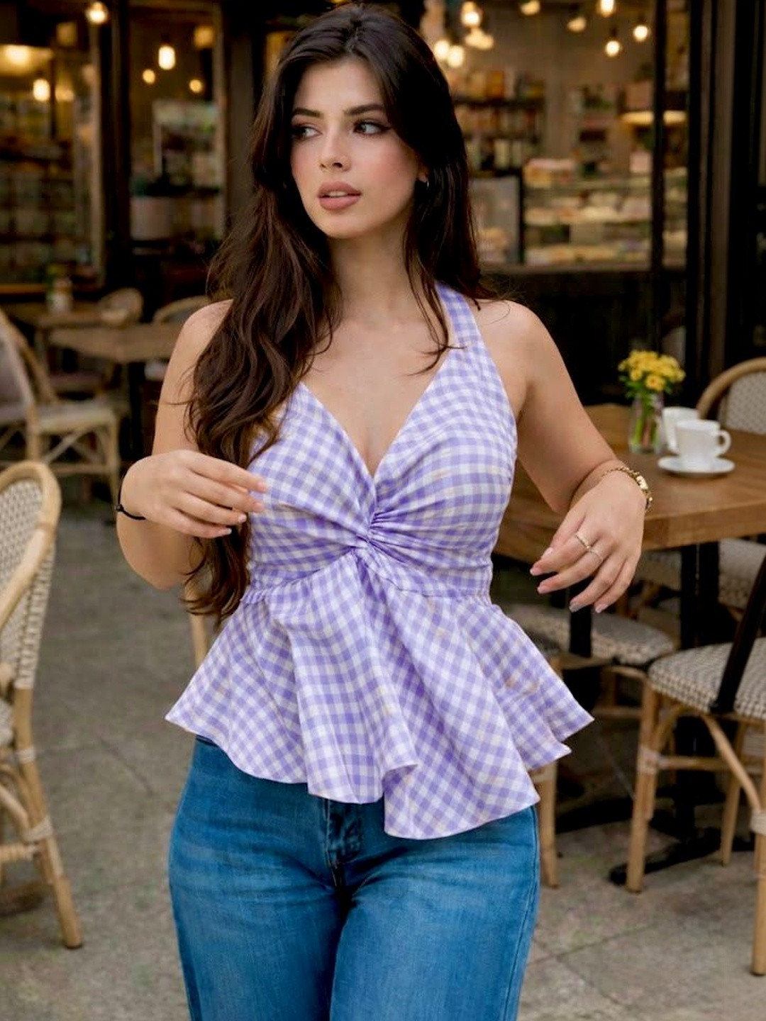 Femibazaar Checked Halter Neck Cotton Peplum Top