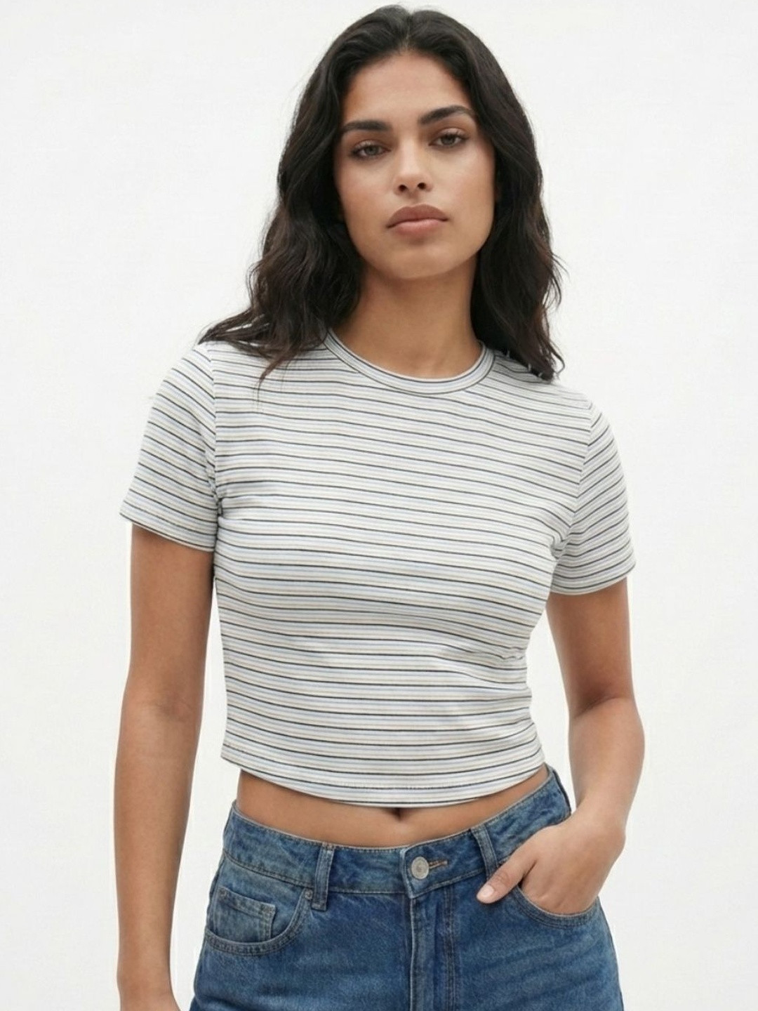 Off White Horizontal Stripes Crop Top