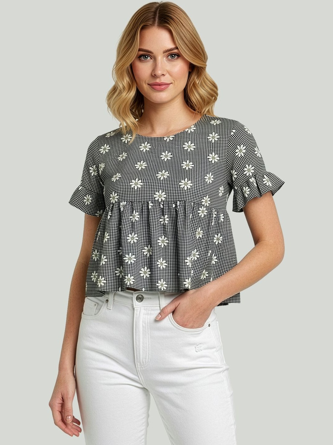 Maheshvi Checked Flutter Sleeve Peplum Top