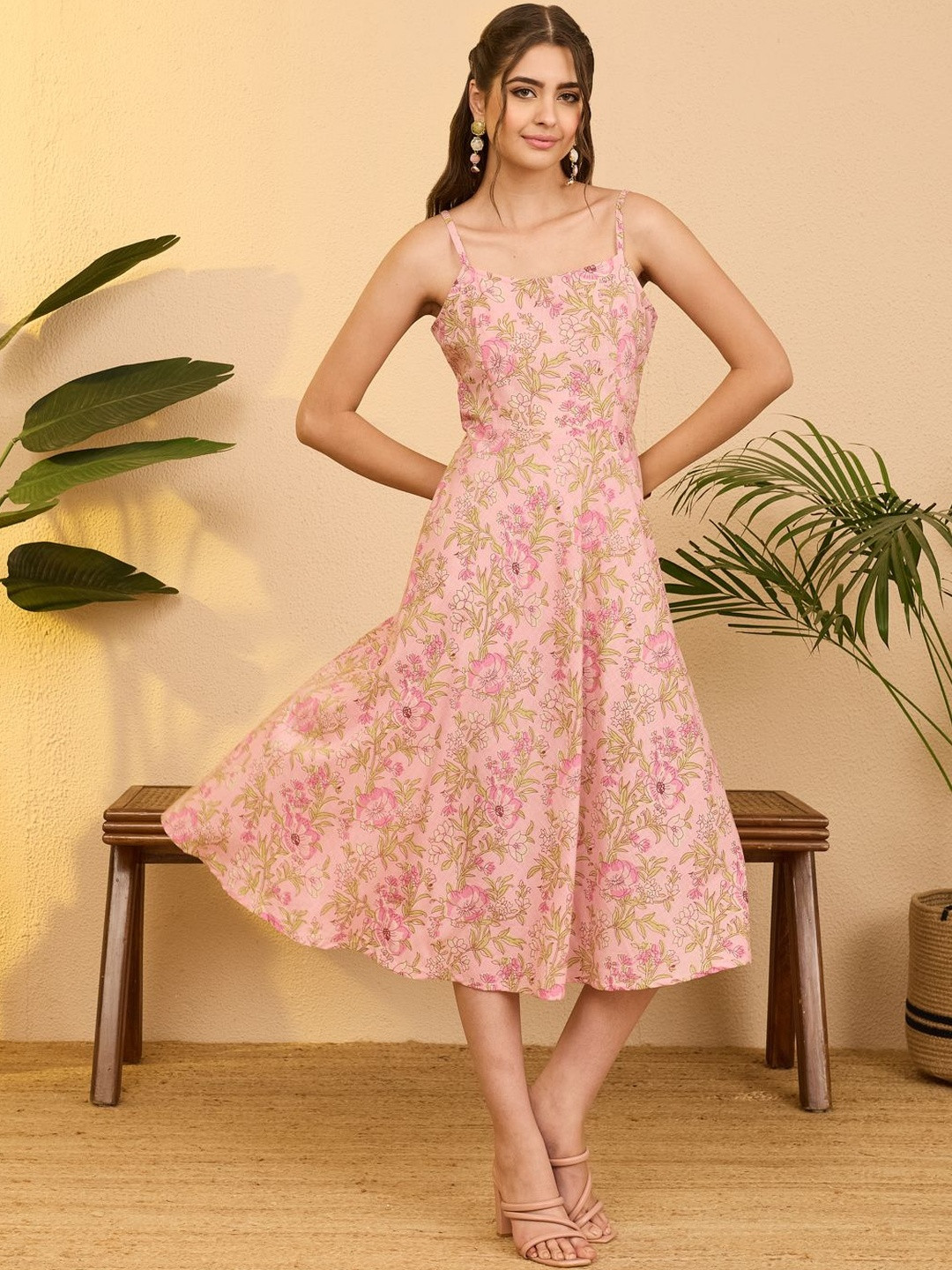 Janasya Women's Rose Pink Pure Cotton Floral Printed A-line Dress