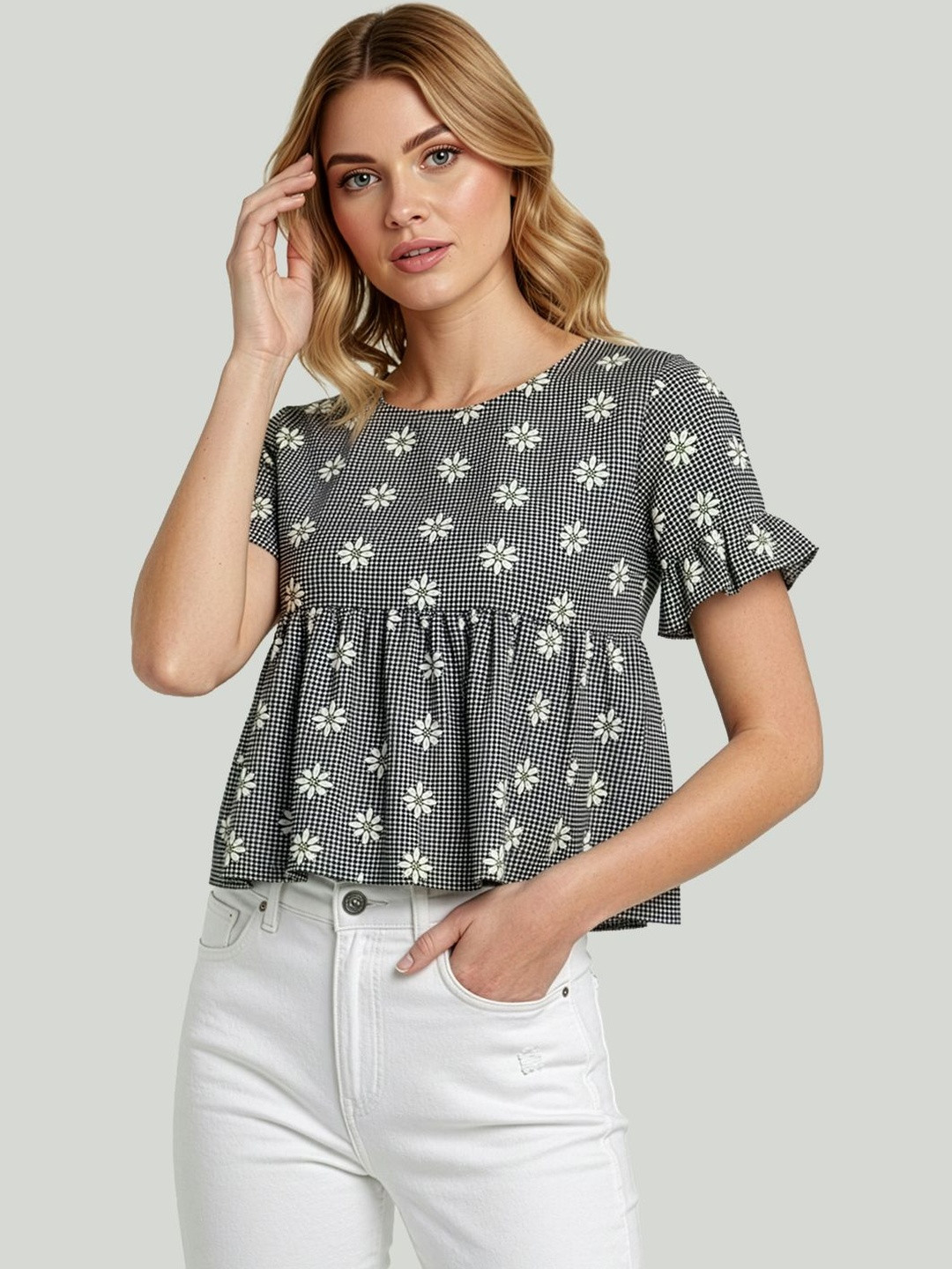 Maheshvi Checked Flutter Sleeve Peplum Top