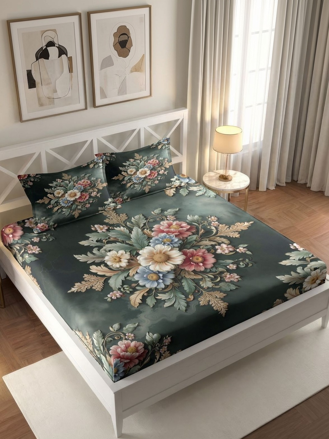 IWS Green Floral Bedsheet with 2 Pillow Covers