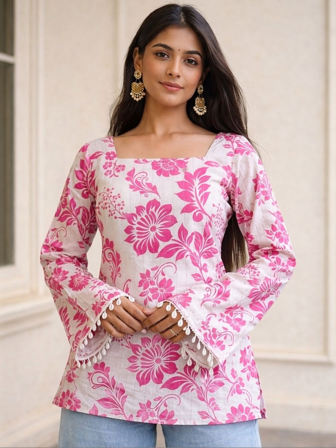 SYLORA Floral Printed Square Neck Pure Cotton Blend Kurti