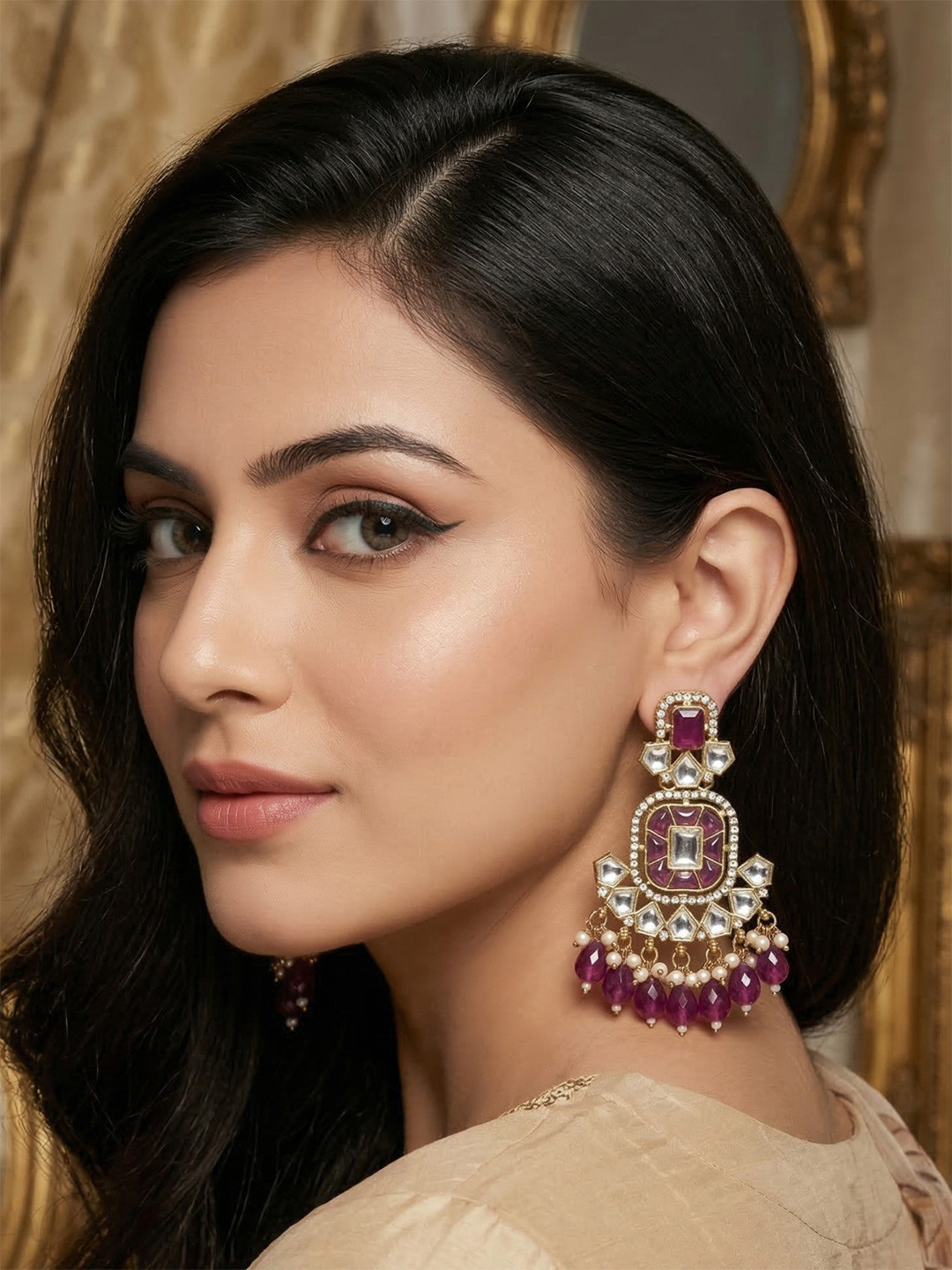 MEIRA JEWELLERY Gold Plated Artificial Stone Studded & Beaded Contemporary Drop Earrings