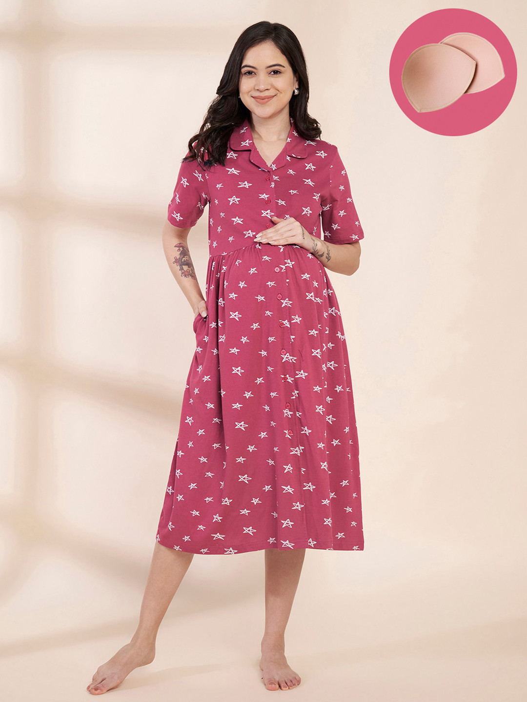 Secret Wish Printed Padded Zipless Maternity Nightdress
