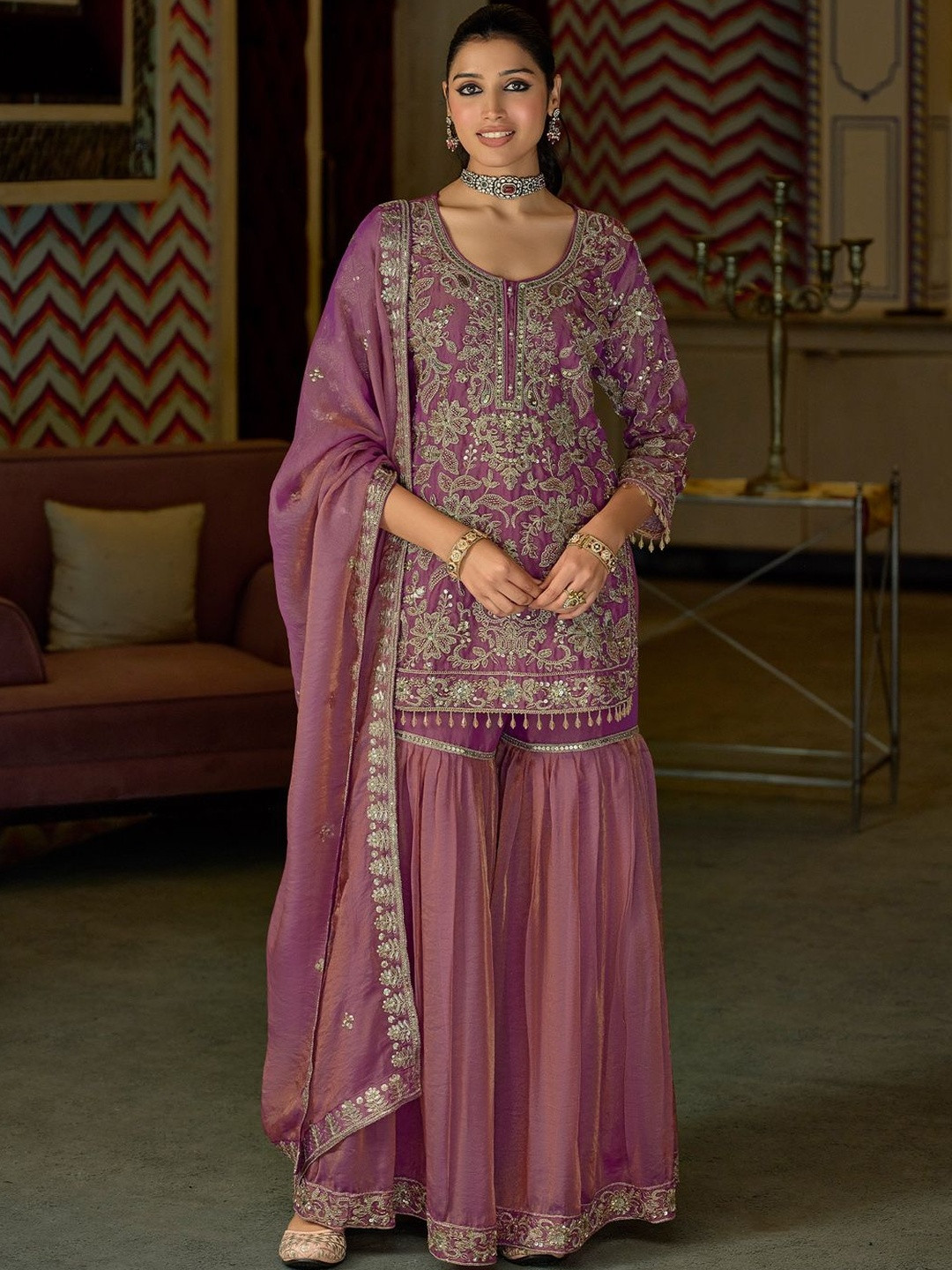 Indo Era Women Ethnic Motifs Embroidered Regular Thread Work Kurta with Sharara & With Dupatta