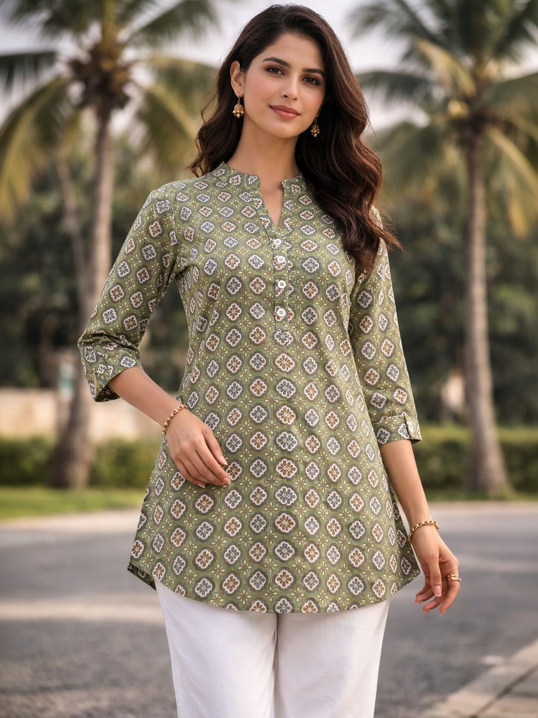 JAIMINI Geometric Printed Mandarin Collar A-Line Cotton Kurta