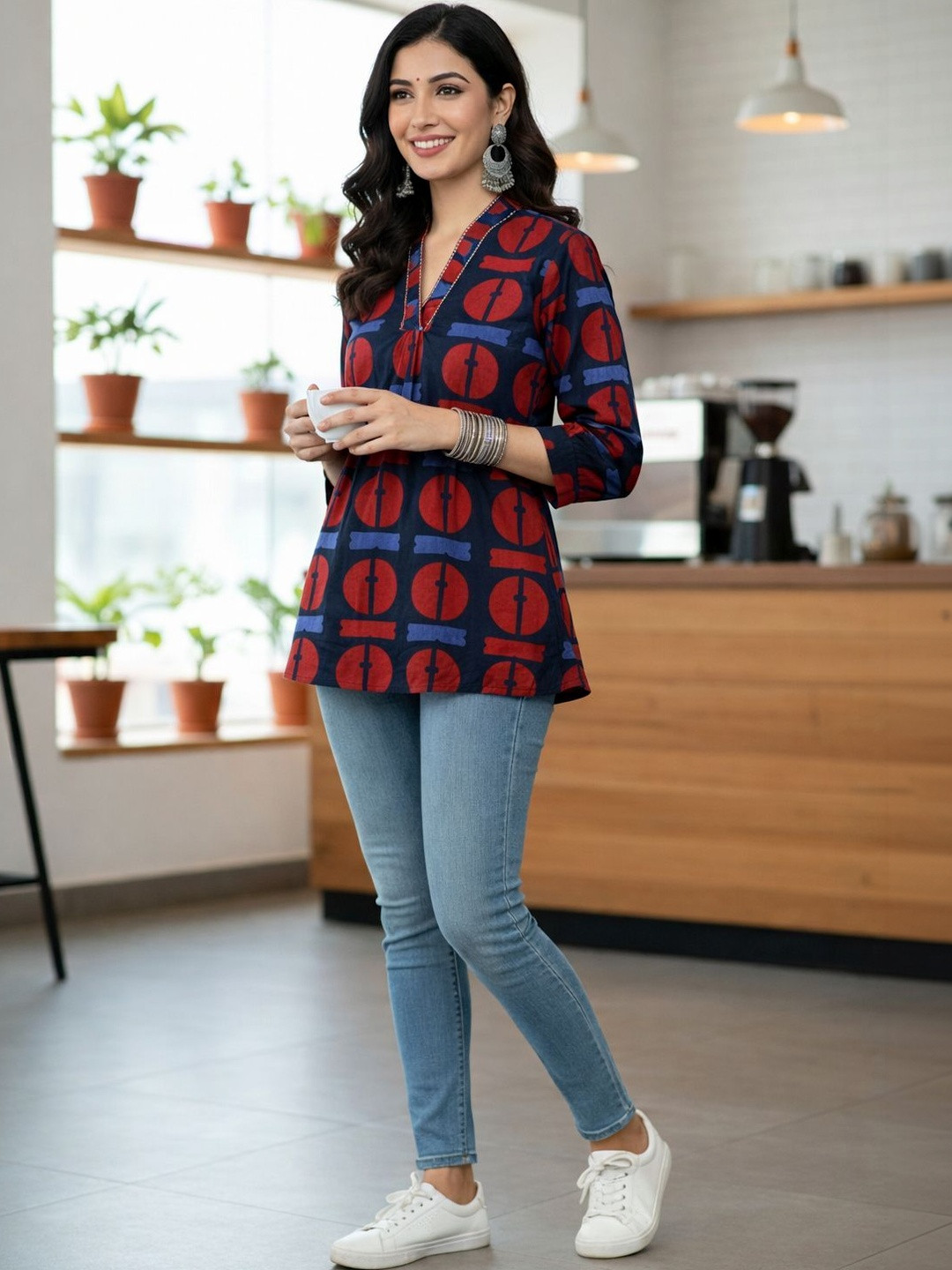 JAIMINI Geometric Printed V-Neck A-Line Cotton Kurta