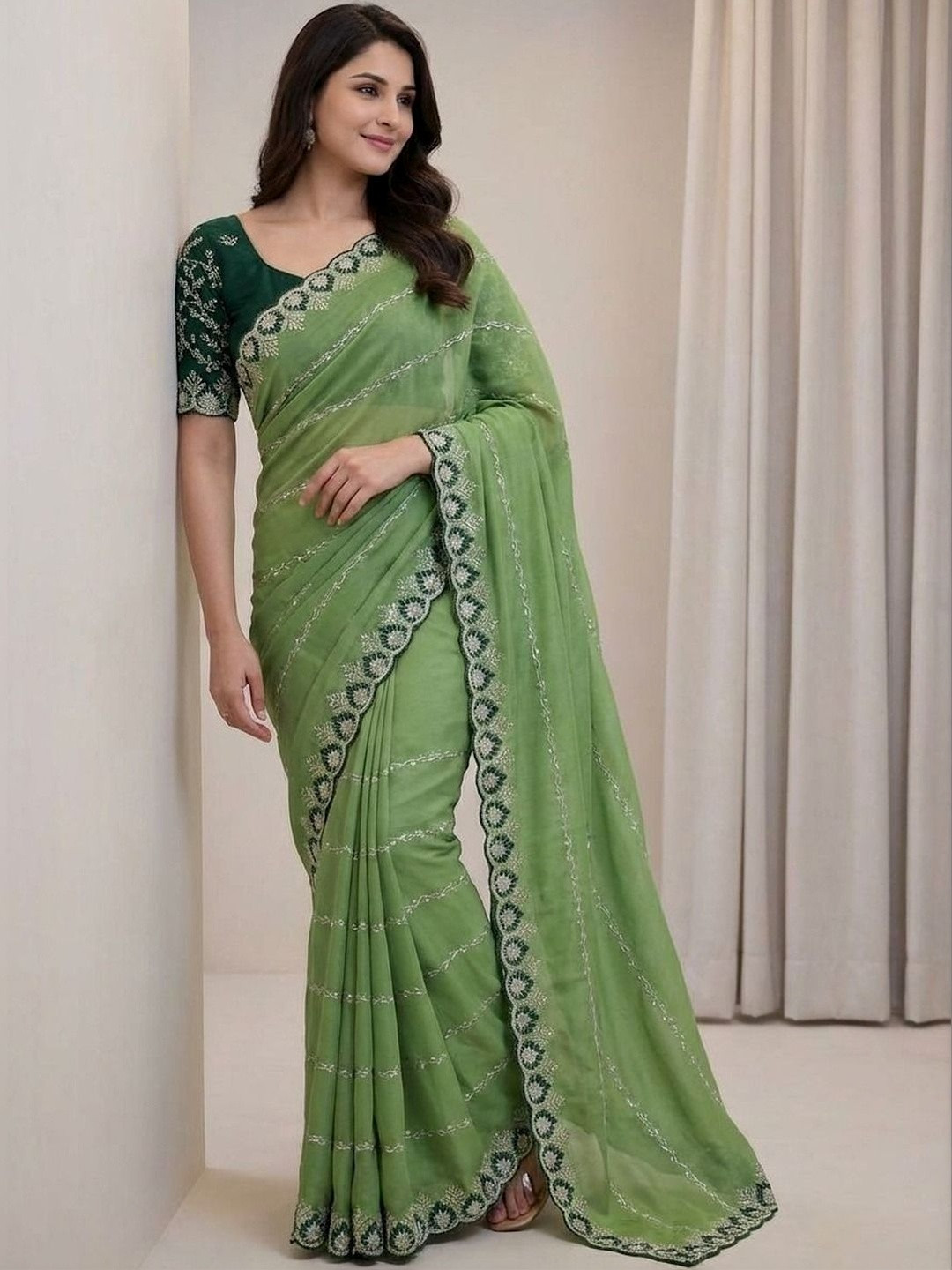 Kandora Striped Embroidered Pure Georgette Heavy Work Saree