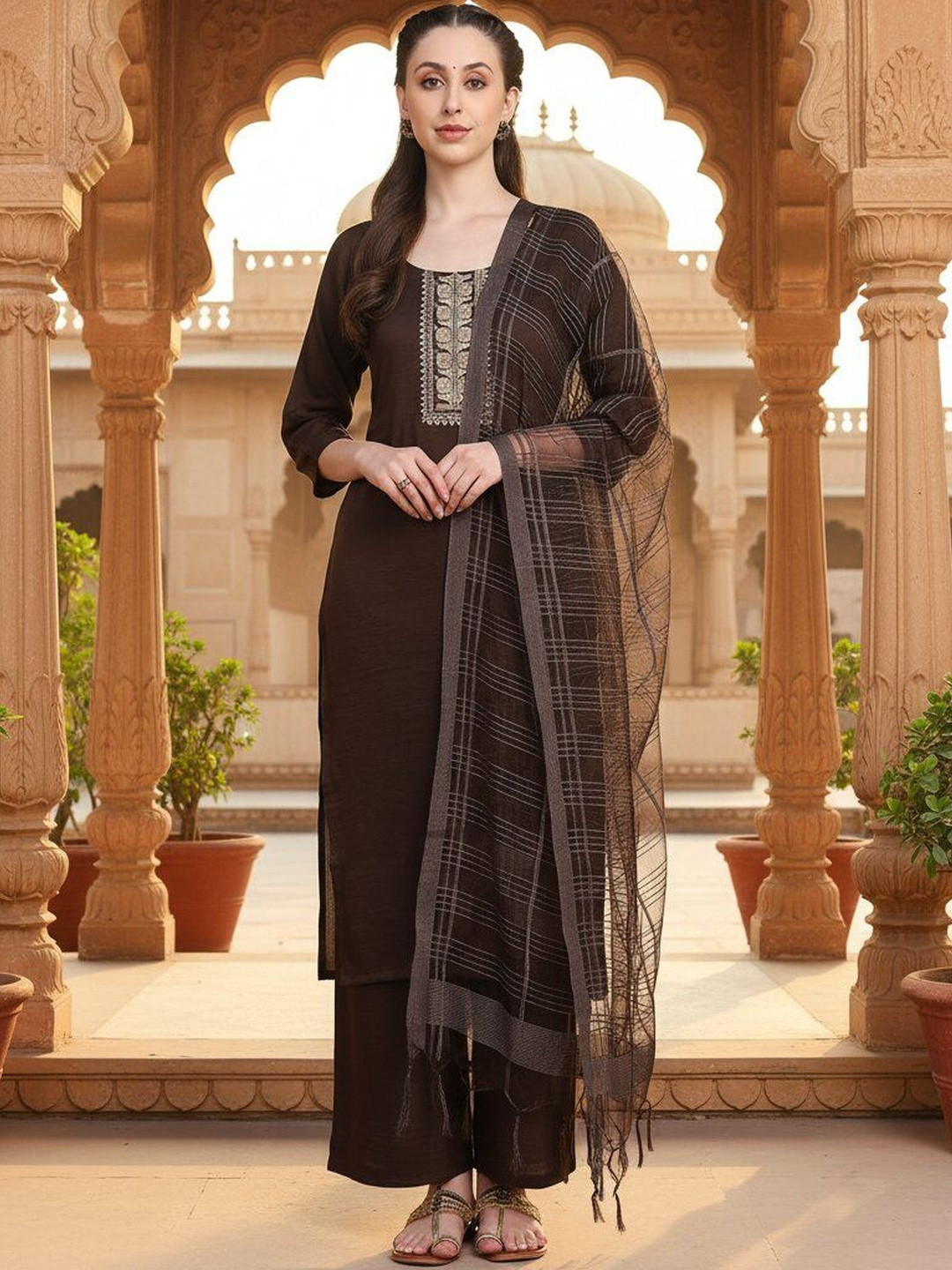 Aumira Women Embroidered Regular Kurti with Palazzos & With Dupatta