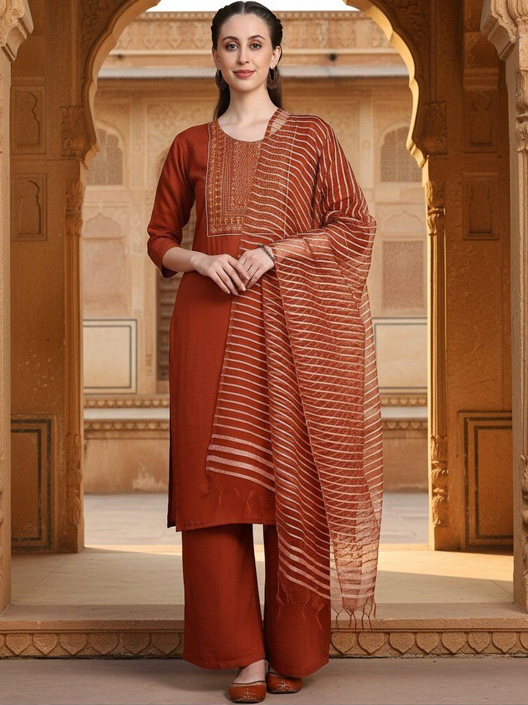 Aumira Women Embroidered Regular Kurti with Palazzos & With Dupatta