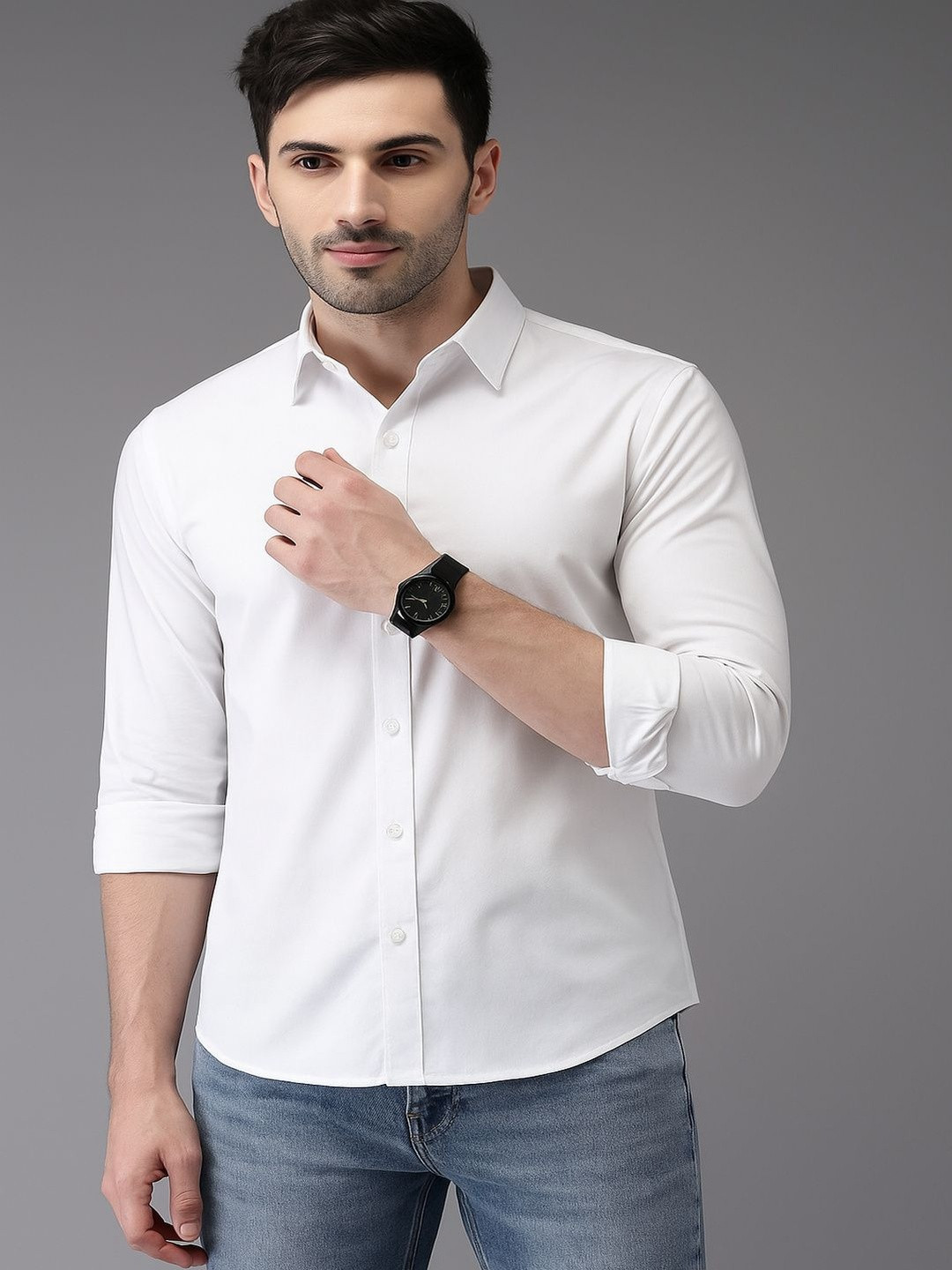 PACTIMO Men Spread Collar Long Sleeves Slim Fit Shirt