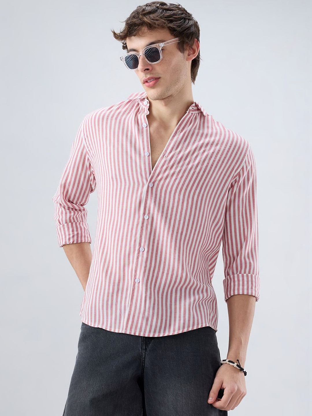 VASTRADO Berry Red Soft Candy Striped Vacation Shirt