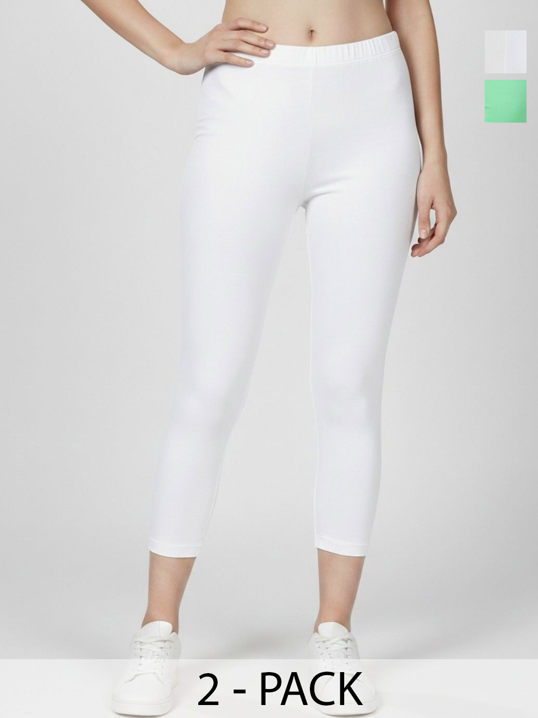 ZAYANQA Women Pack of 2 White & Mint Green Stretchable Cotton Three fourth Capri Leggings