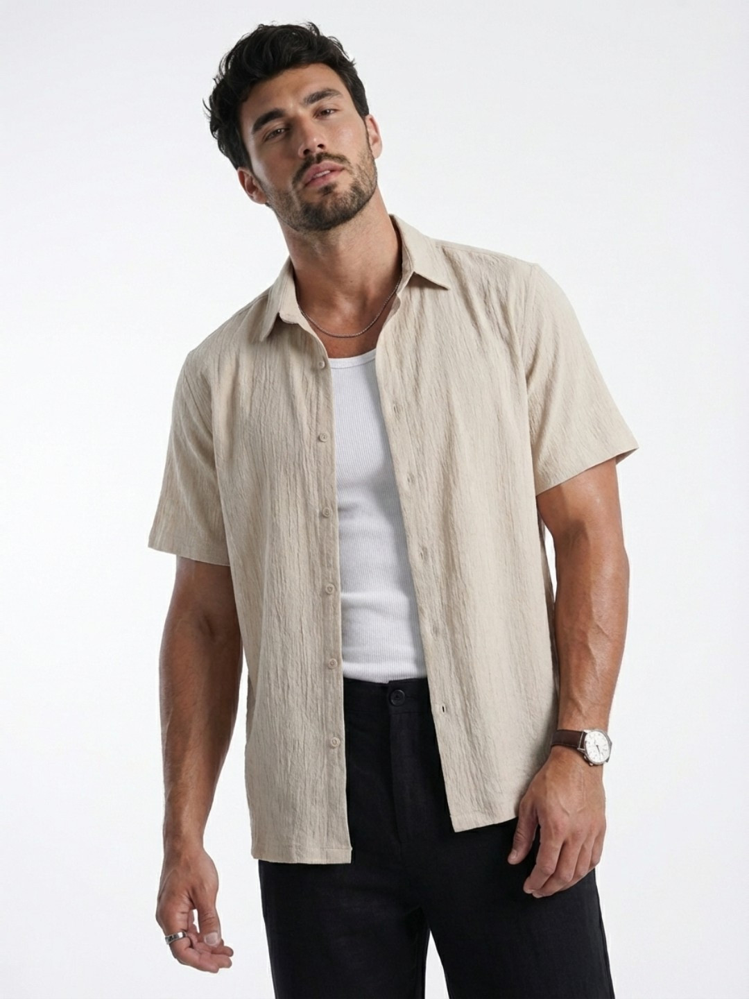 glitchez Textured Spread Collar Regular Fit Casual Shirt