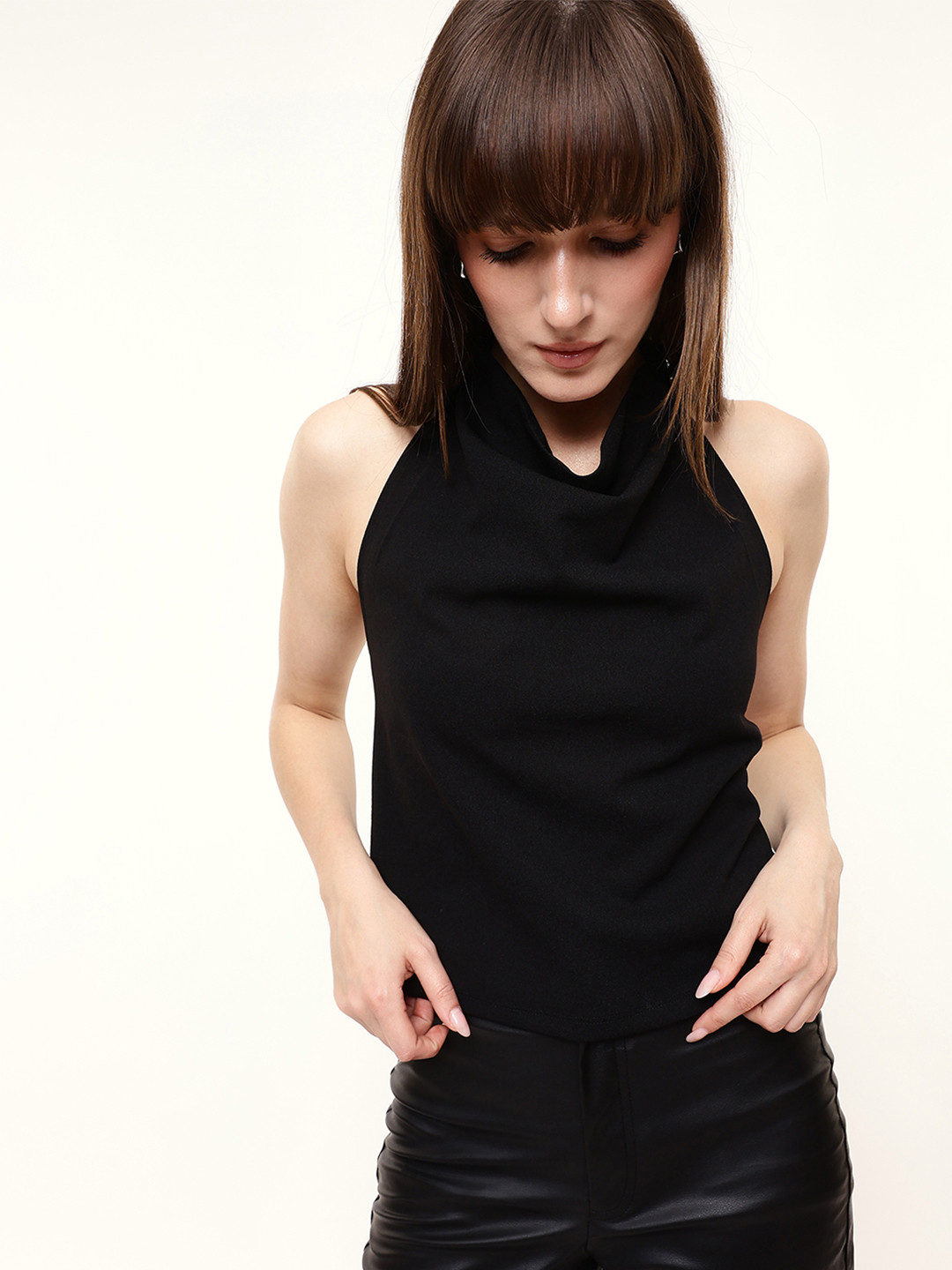 DL Woman Solid Black Cowl Halter Neck Top