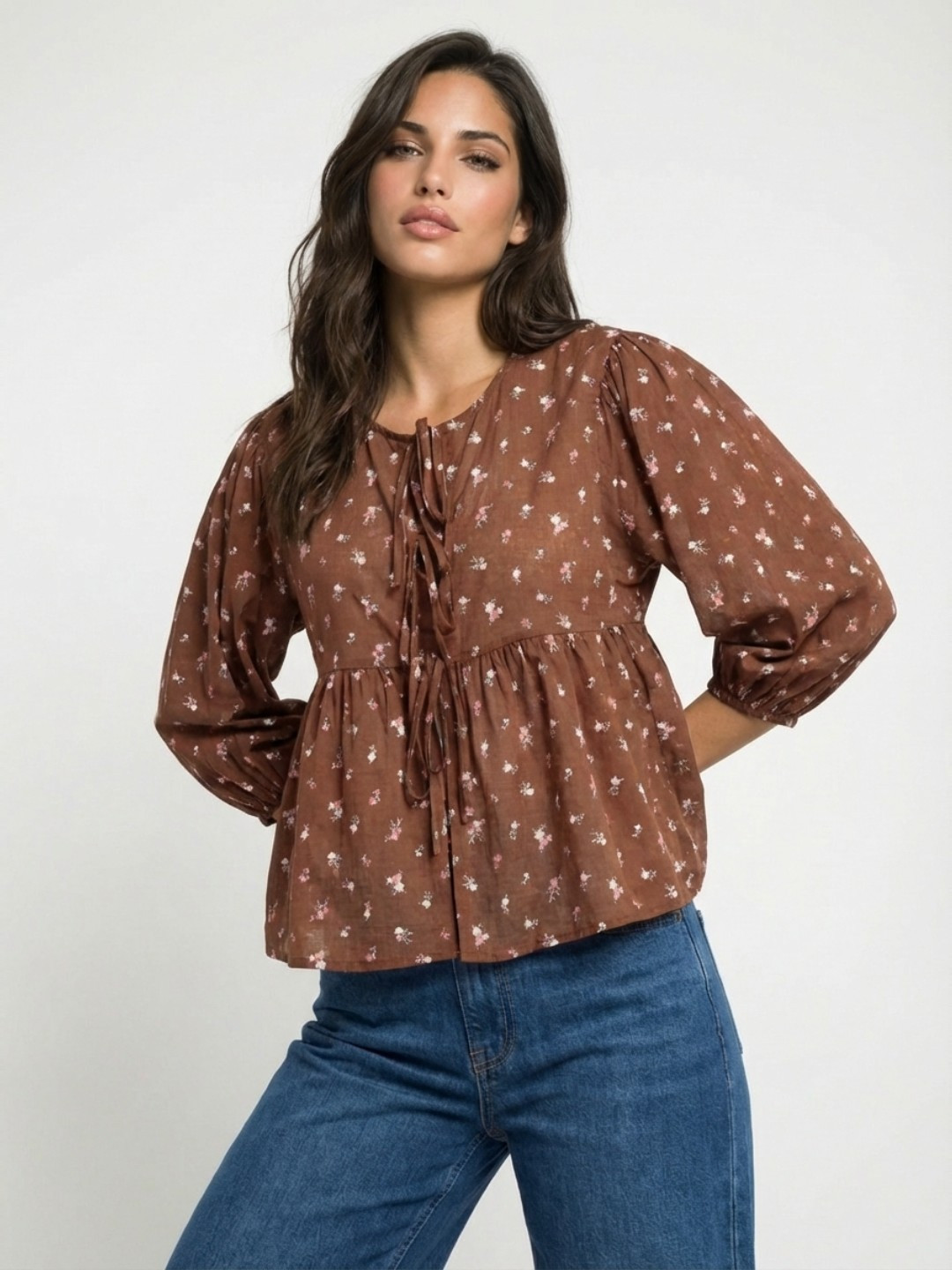 glitchez Floral Print Puff Sleeve Pure Cotton Peplum Top
