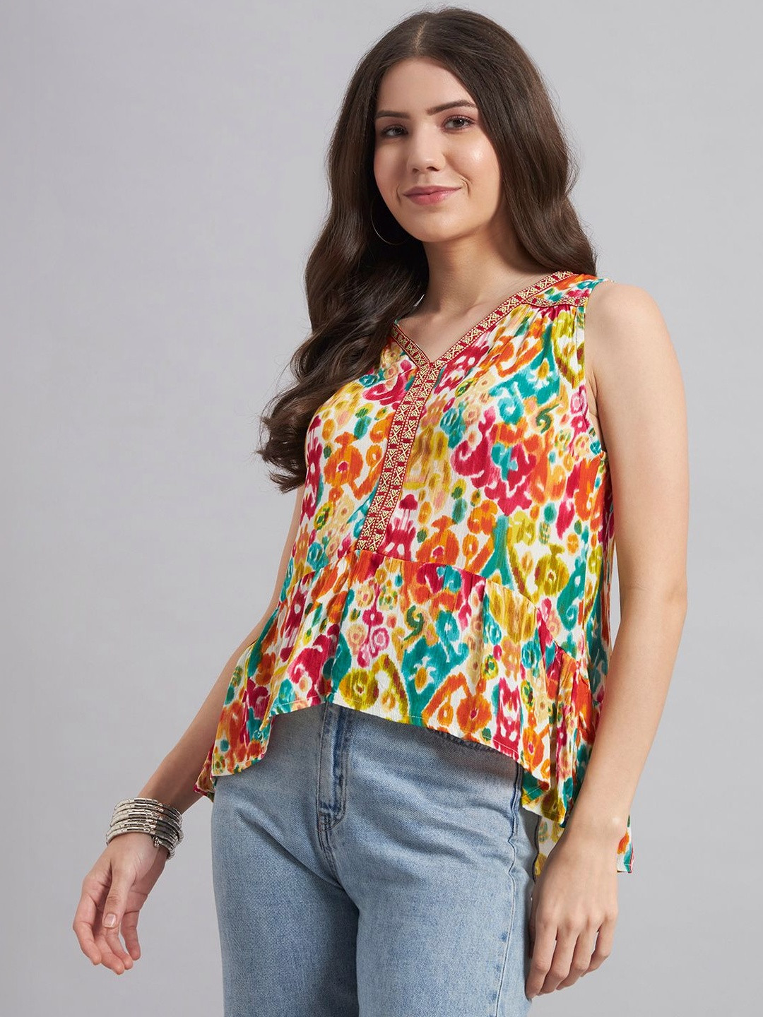 VELDRESS V Neck Mandrain Collor Crochet Lace Embroidered Bell Full Sleeves Tops