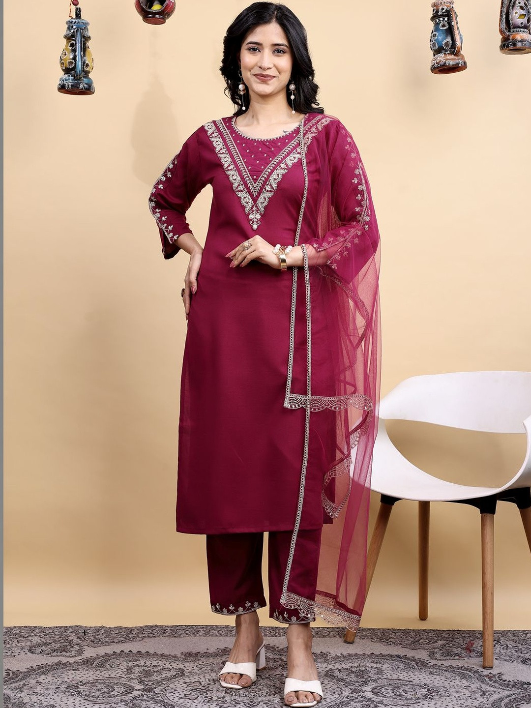 Shree Ramkrishna Fab Women Embroidered Sequinned Kurta with Trousers & With Dupatta