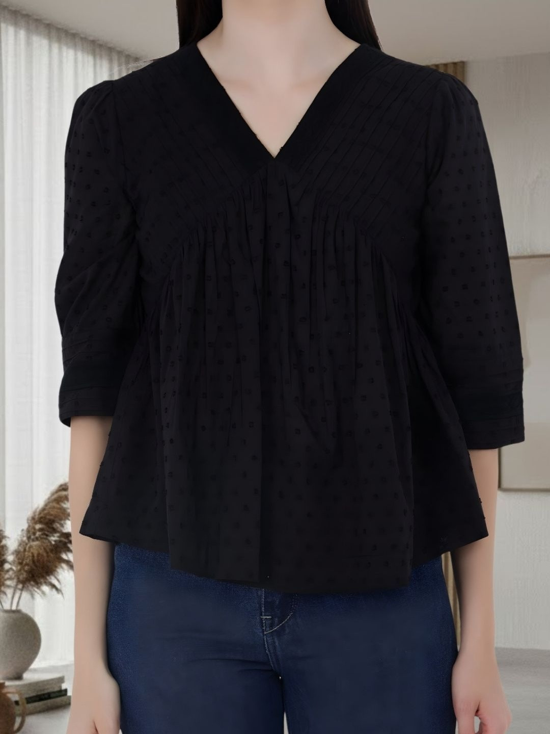 BIRDIE V-Neck Self Design Cotton Top