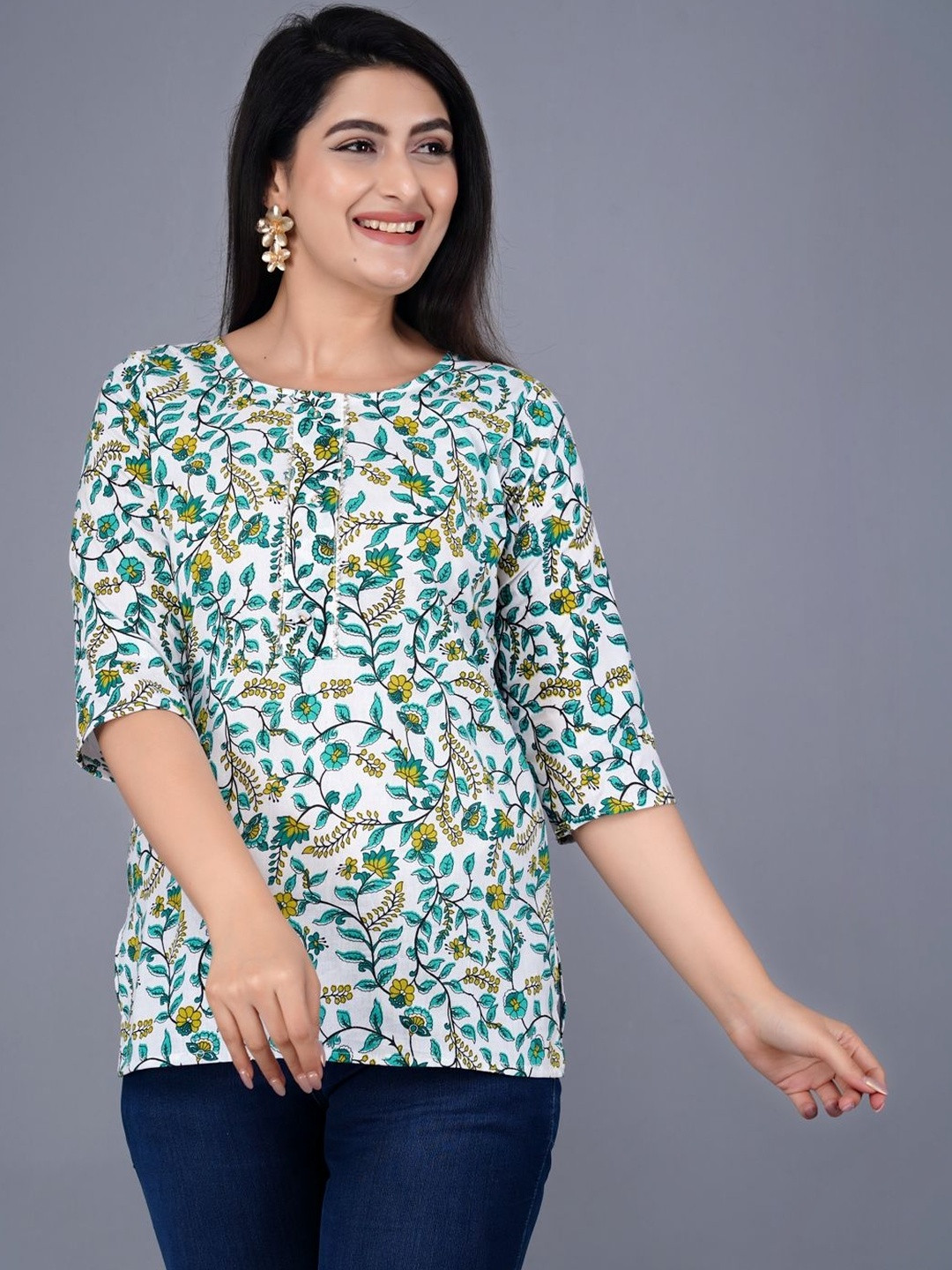 Visaru Floral Printed V-Neck Kurti