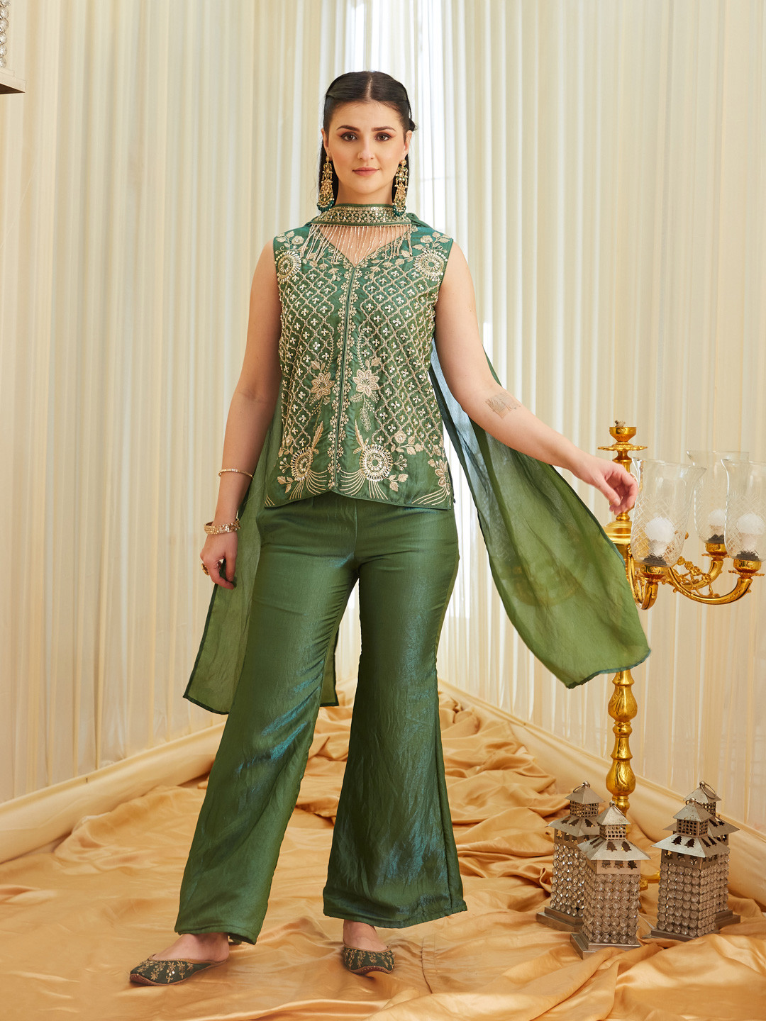 Colors of Earth Silk Embroidered Beadswork Short Kurti With Bell Bottom Pant & Dupatta