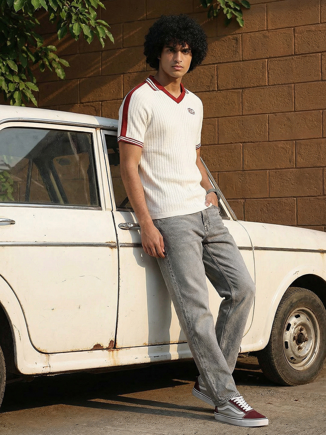 The Roadster Life Co. Striped Polo Collar Pure Cotton T-shirt