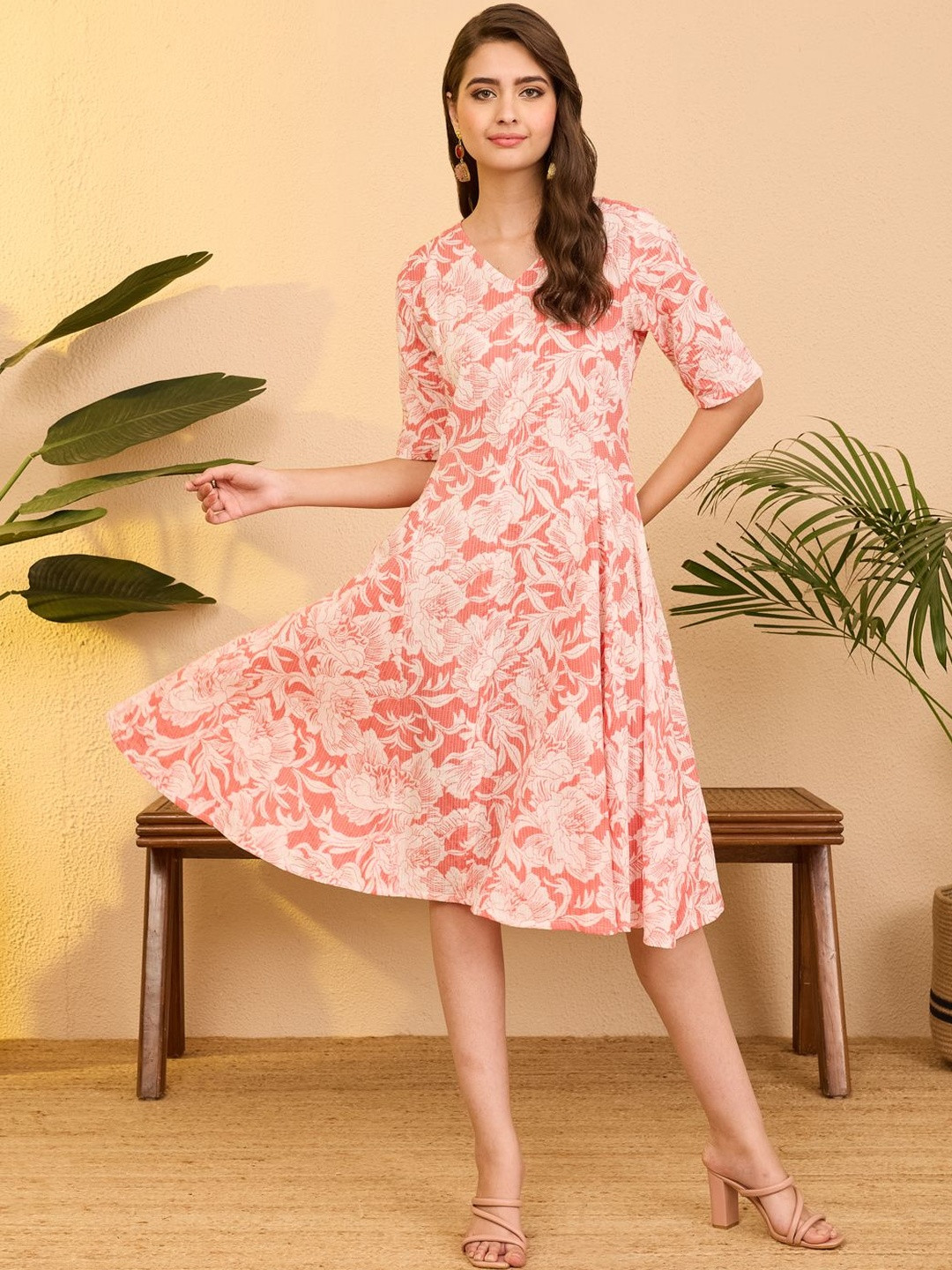 Janasya Women's Coral Pure Cotton Floral Printed A-line Flared Dress