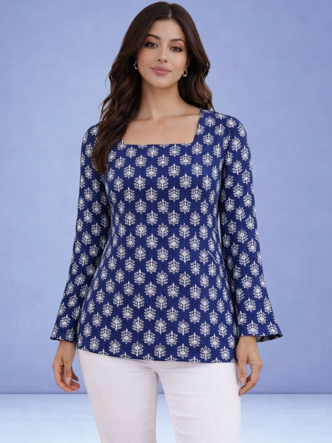 Curvy Love Floral Print Bell Sleeve Cotton Top