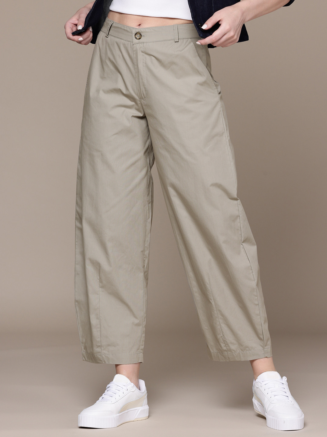 Popnetic Women Pure Cotton Barrel Fit High-Rise Chinos Trousers