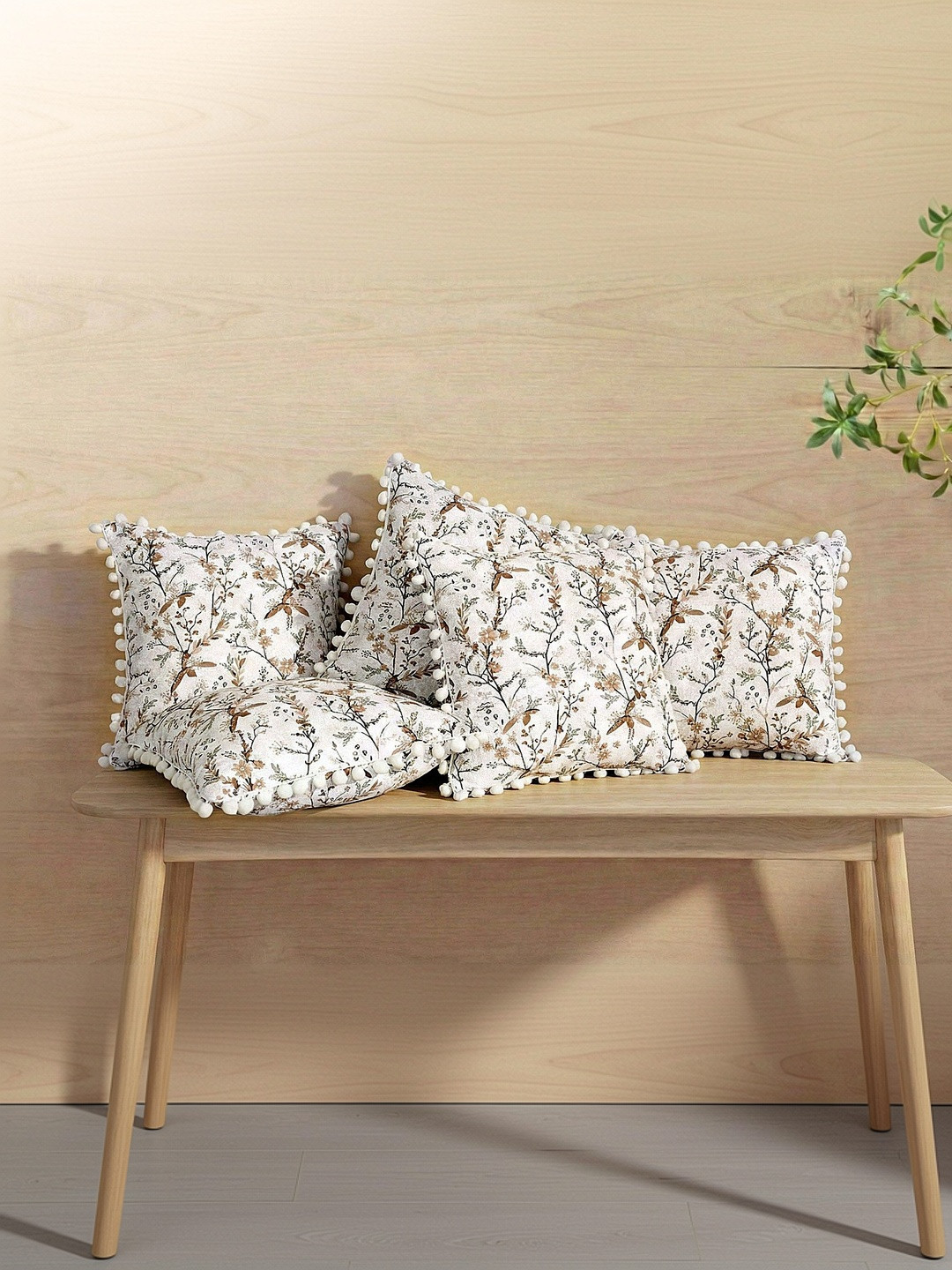 RD TREND Ivory-Beige Set of 5 Square Pure Cotton Cushion Covers With Pom Pom 16x16 Inch