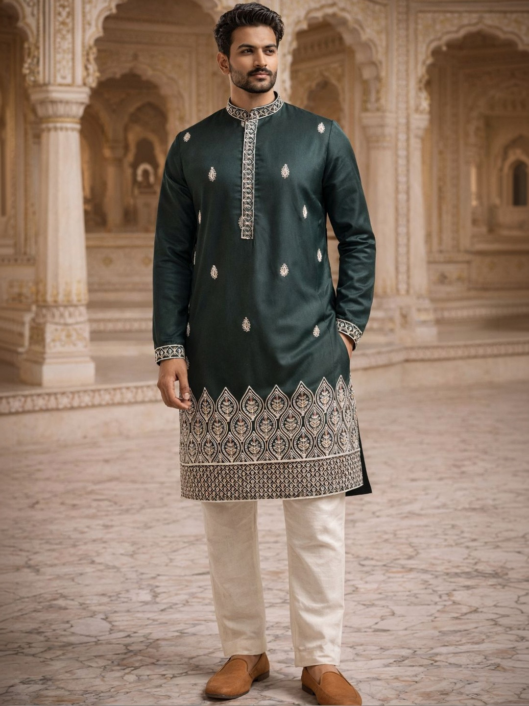 House of Pataudi Embroidered Mandarin Collar Kurta & Pyjamas