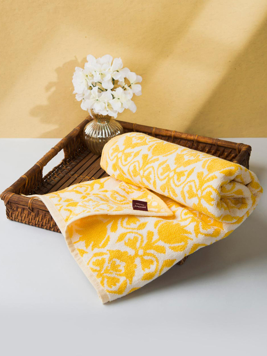 Fabindia Yellow & White Woven Design 550 GSM Cotton Hand Towels