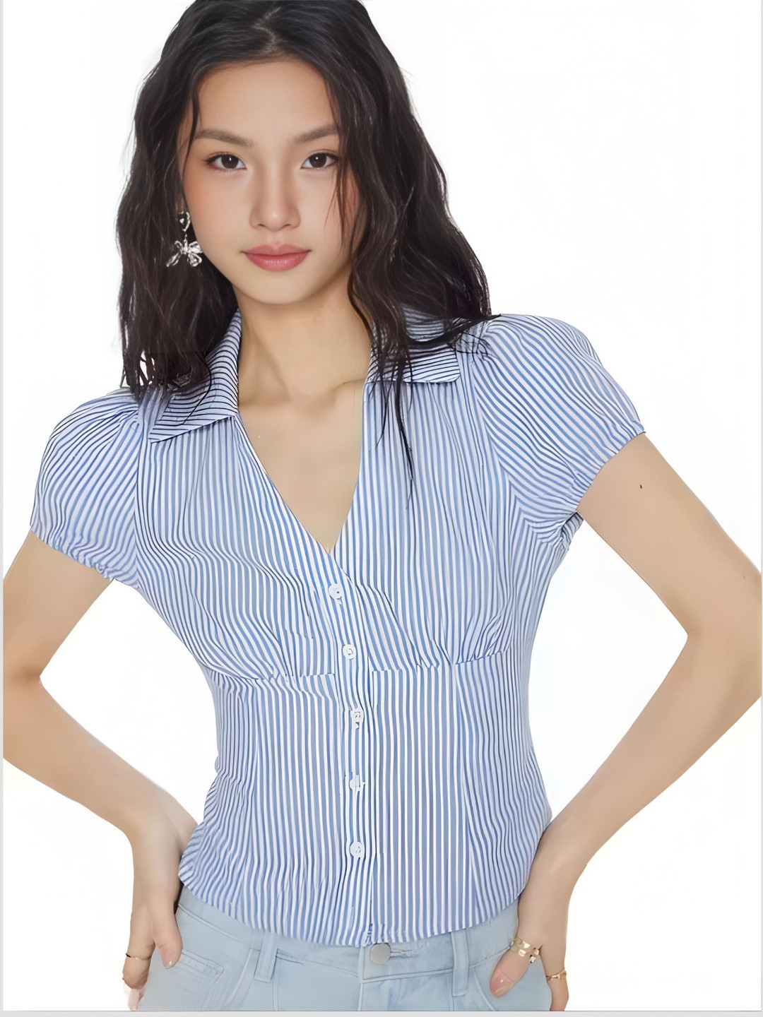 EZLIA Striped Shirt Collar Puff Sleeves  Top