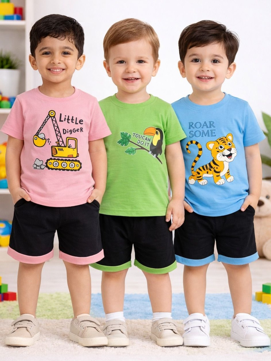 Shakubhar Set Of 3 Boys Printed T-shirt With Shorts