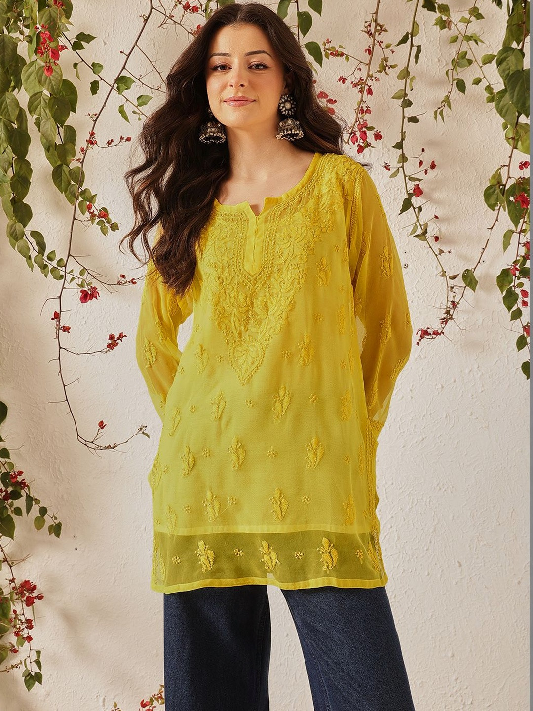 ADA Ethnic Motifs Embroidered Chikankari Pure Georgette Chikankari Kurti