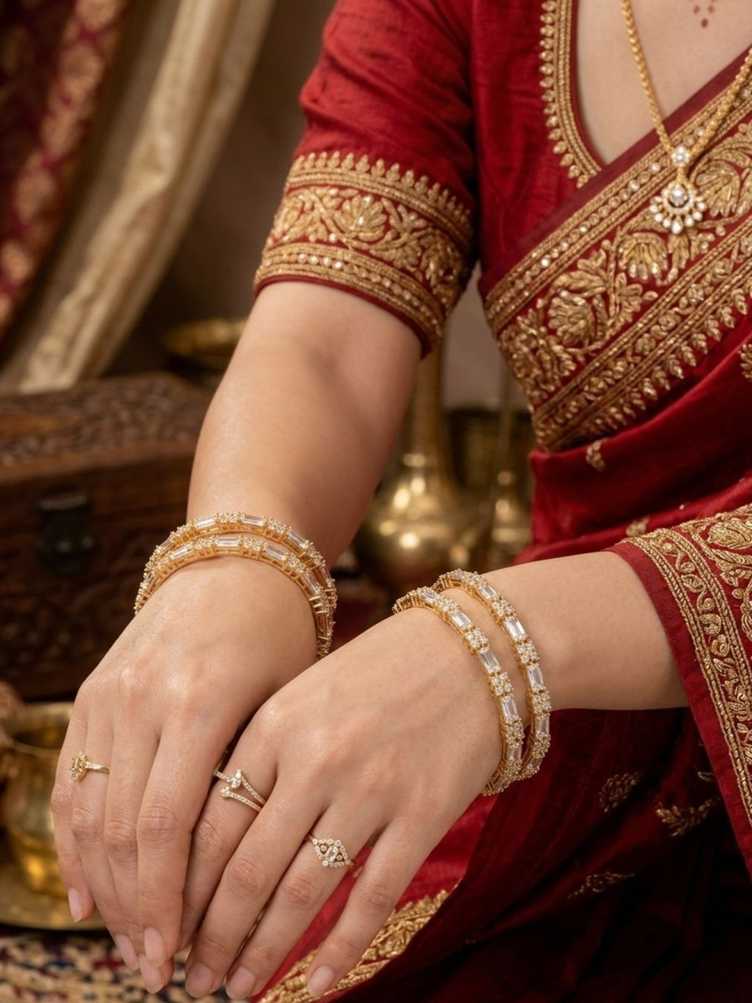 Nui Set of 4 Gold-Plated Stone Studded & Beaded Bangles