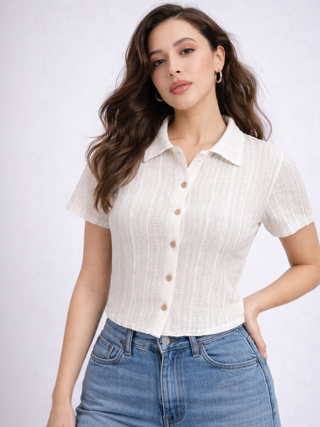 Arbiter Collection Women Textured Short Sleeve Button-down Top Shirts