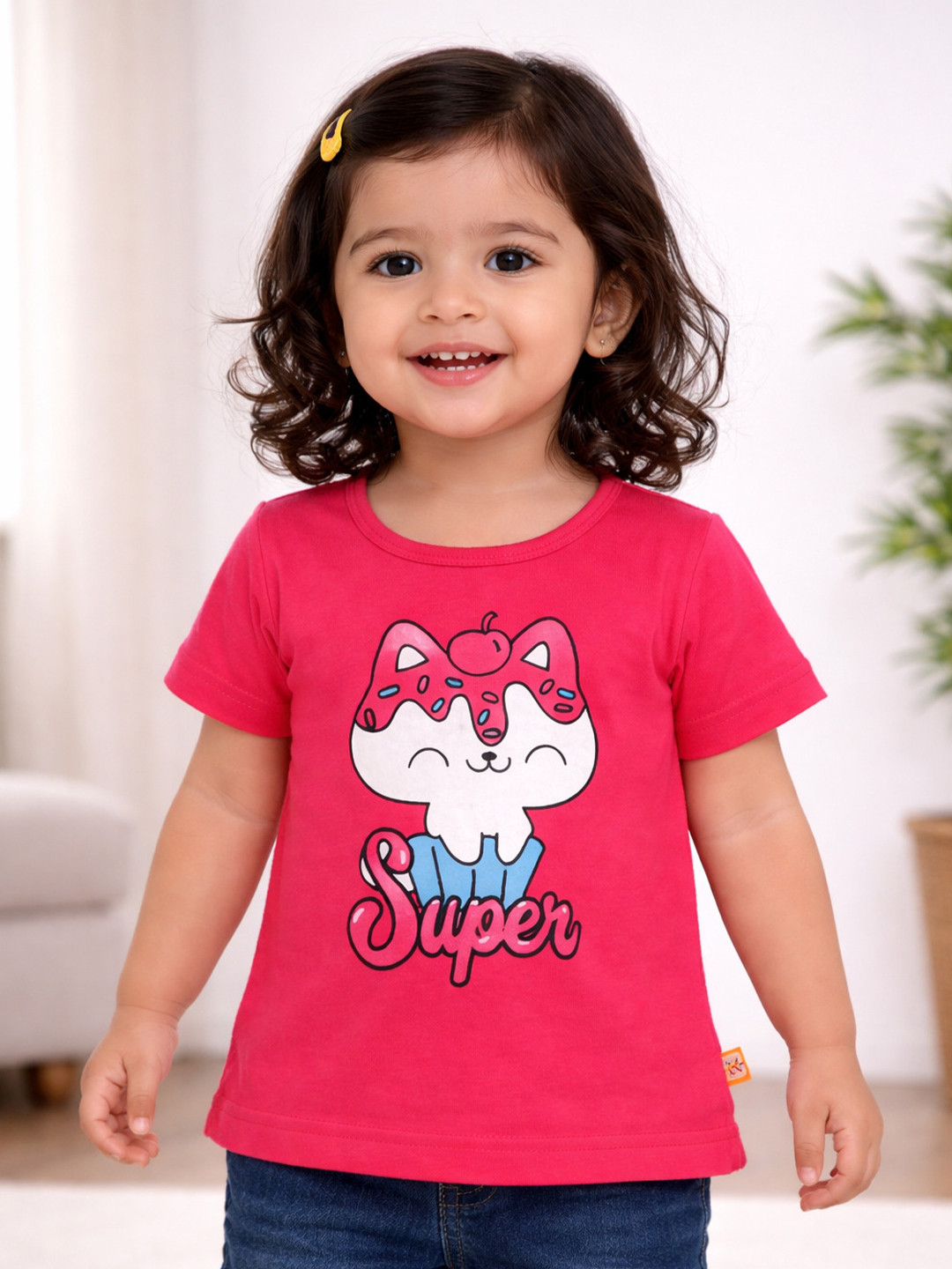 Bodycare Kids Girls Fuchsia Pink Pure Cotton Round Neck Graphic Printed Half Sleeve Tshirt